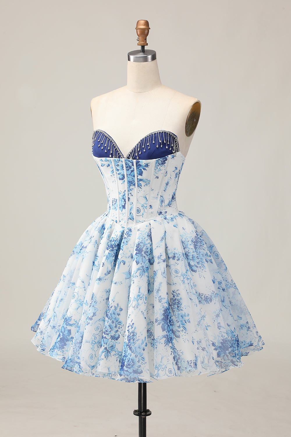 White Blue Flower A-Line Strapless Printed Beaded Homecoming Dress