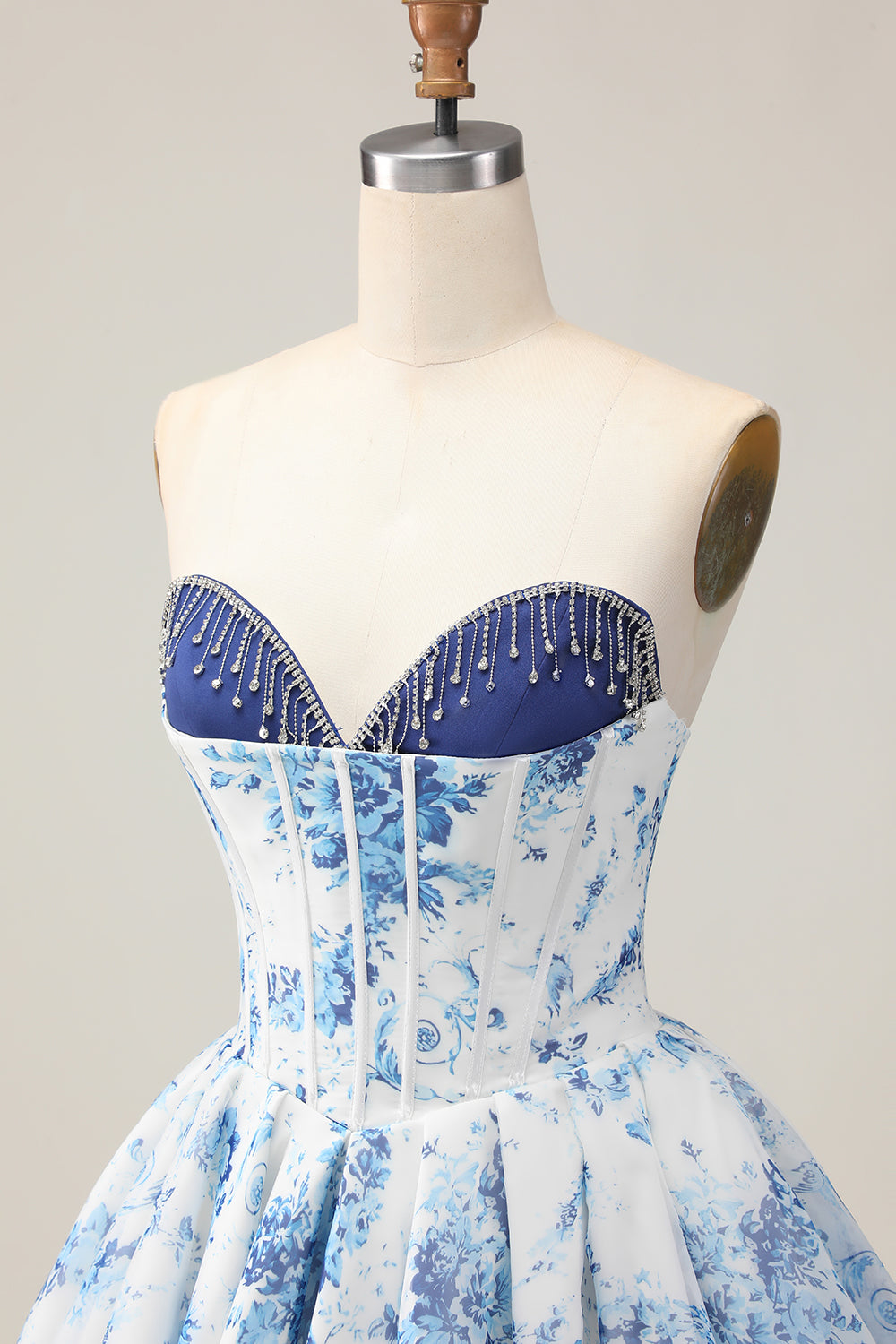 White Blue Flower A-Line Strapless Printed Beaded Homecoming Dress
