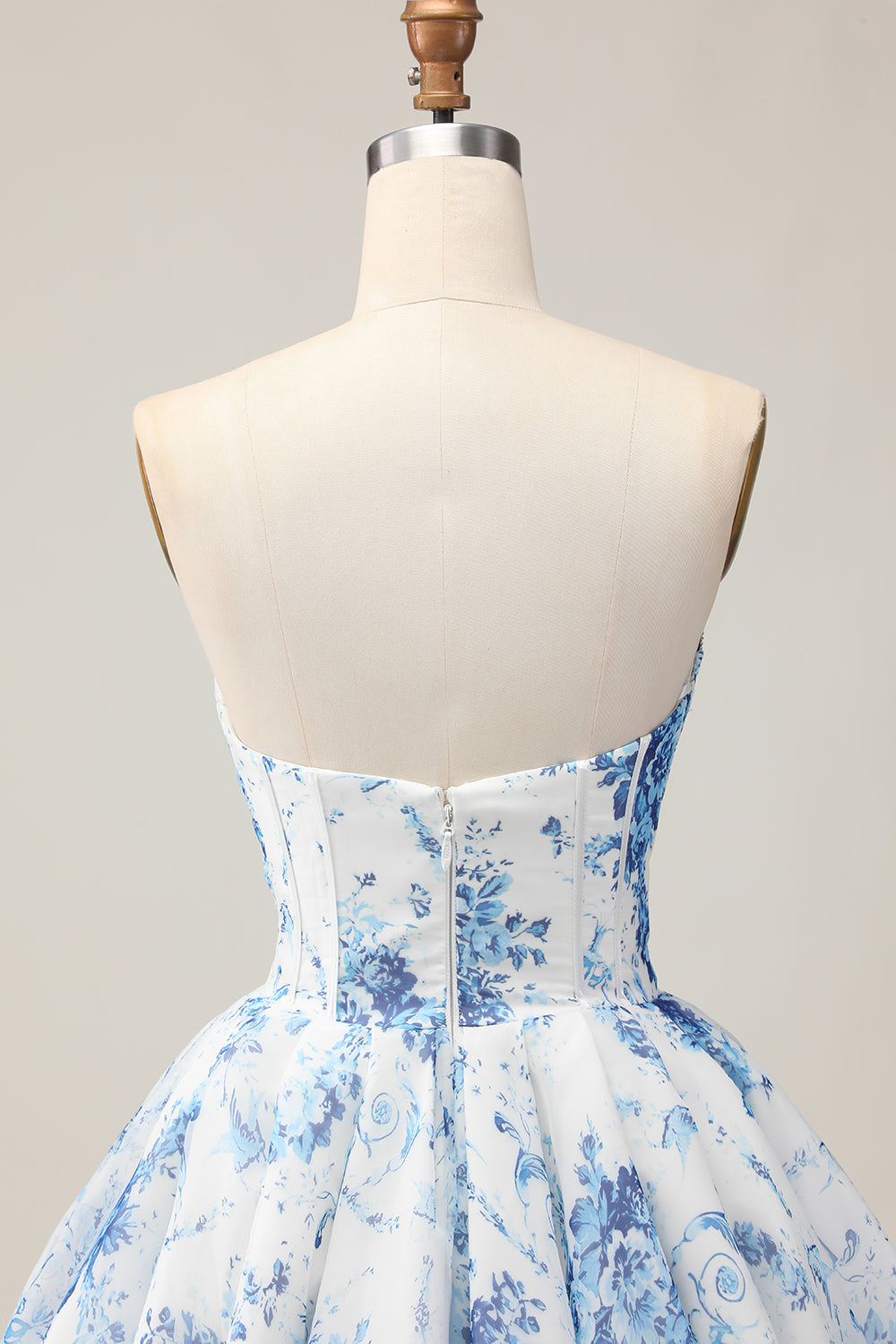 White Blue Flower A-Line Strapless Printed Beaded Homecoming Dress