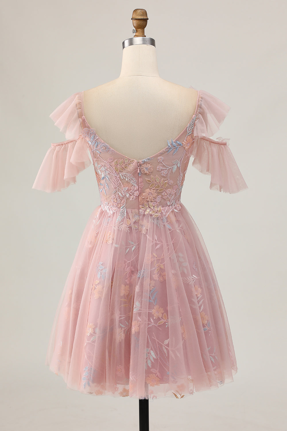 Blush A-Line Cold Shoulder Floral Short Homecoming Dress with Appliques