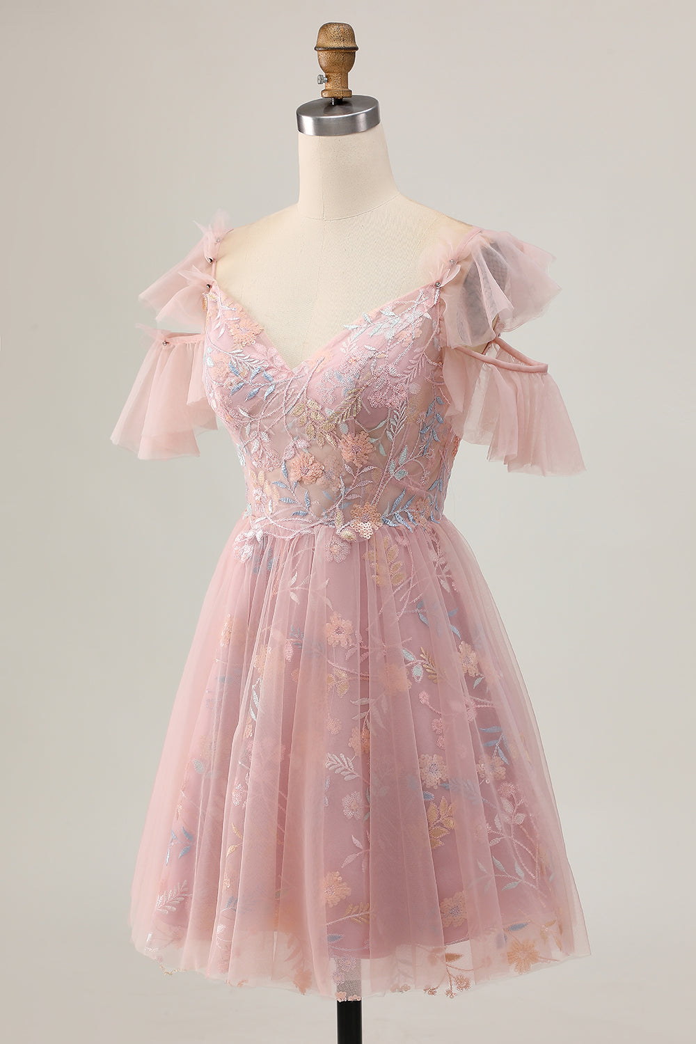 Blush A-Line Cold Shoulder Floral Short Homecoming Dress with Appliques