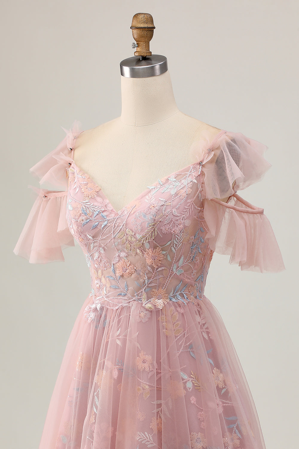 Blush A-Line Cold Shoulder Floral Short Homecoming Dress with Appliques