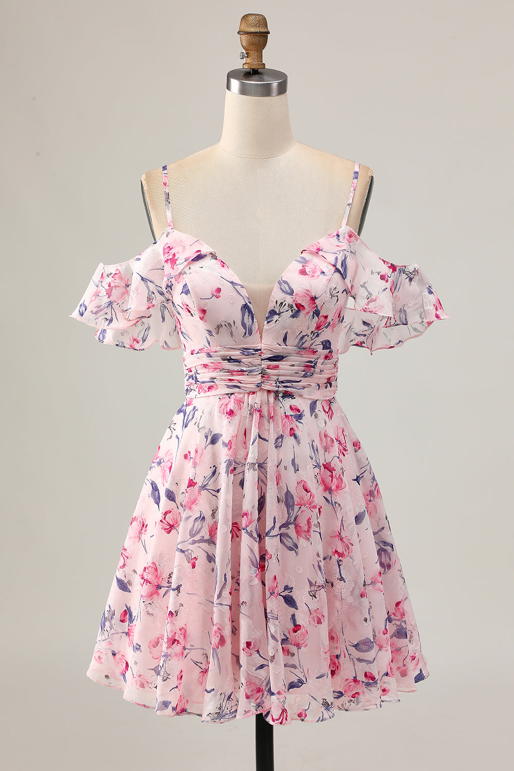 Pink Floral A Line Cold Shoulder Short Homecoming Dress