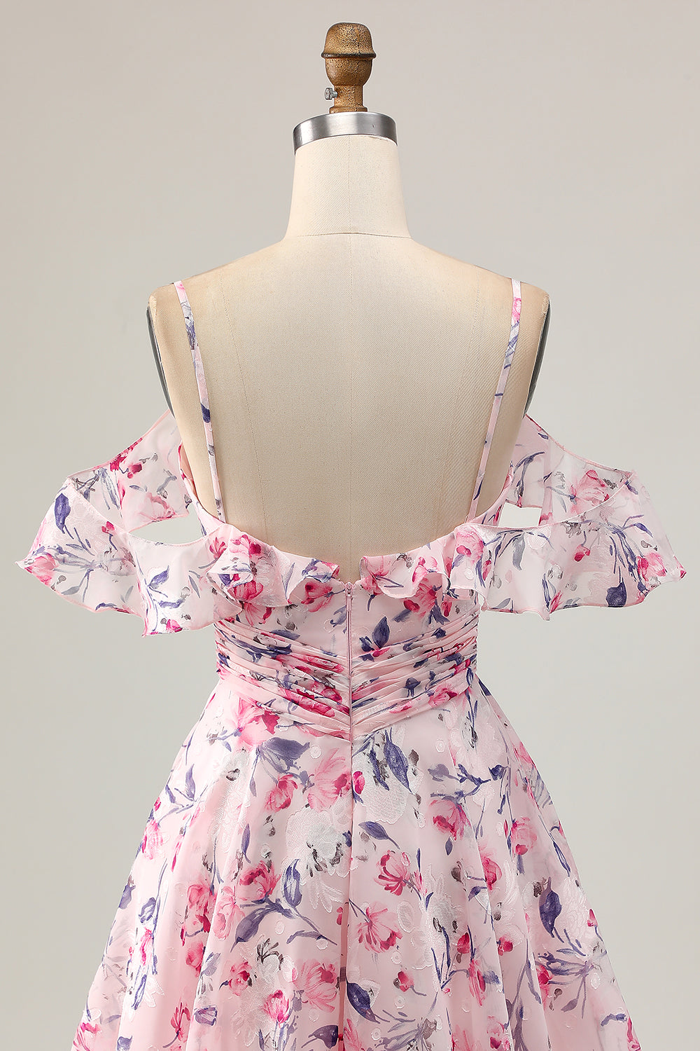 Pink Floral A Line Cold Shoulder Short Homecoming Dress