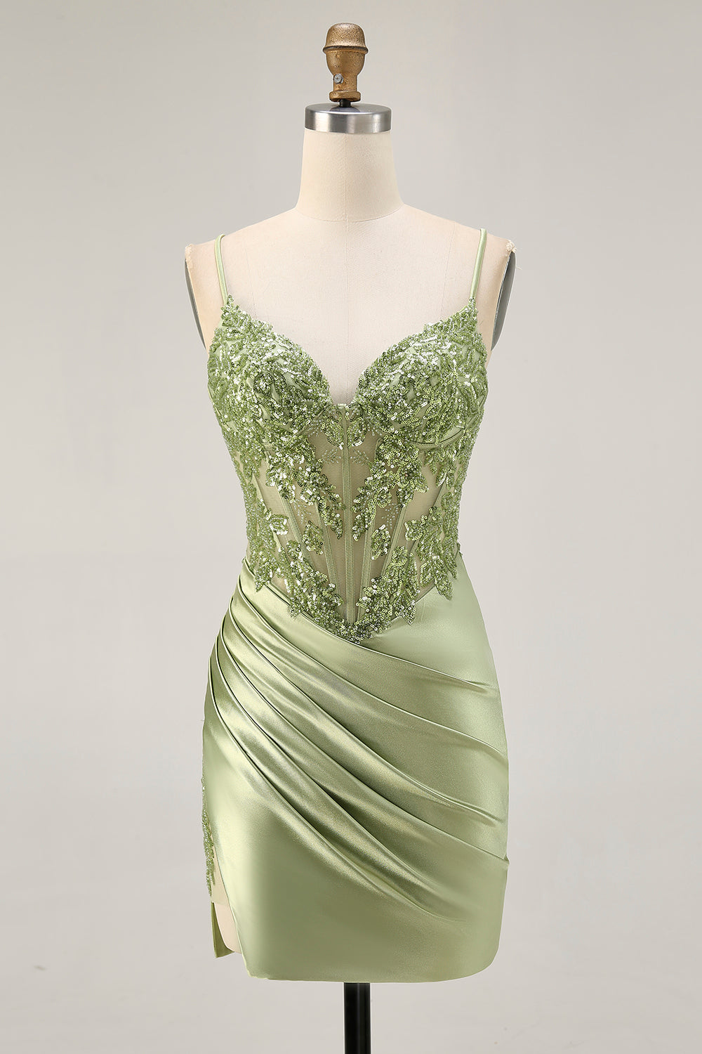 Sage Green  Appliqued Corset Tight Ruched Homecoming Dress