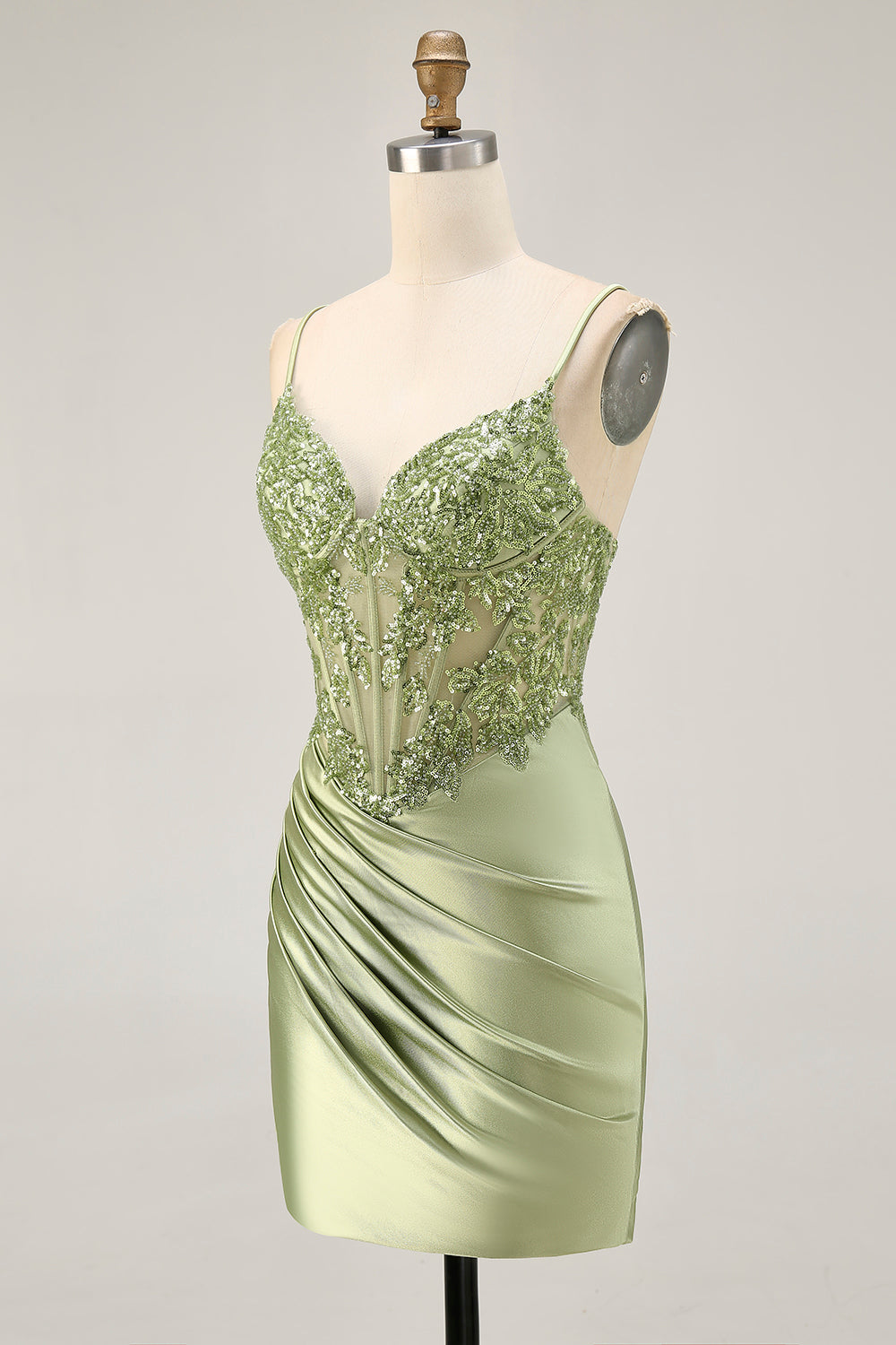 Sage Green  Appliqued Corset Tight Ruched Homecoming Dress