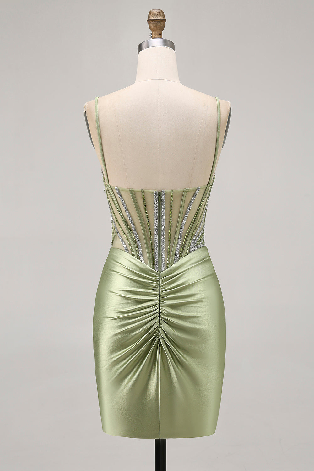 Sage Green Beaded Corset Tight Ruched Short Homecoming Dress with Rhinestones