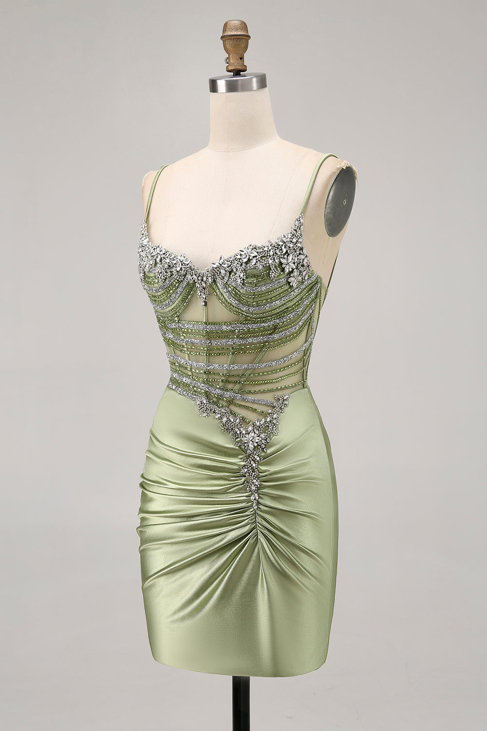 Sage Green Beaded Corset Tight Ruched Short Homecoming Dress with Rhinestones
