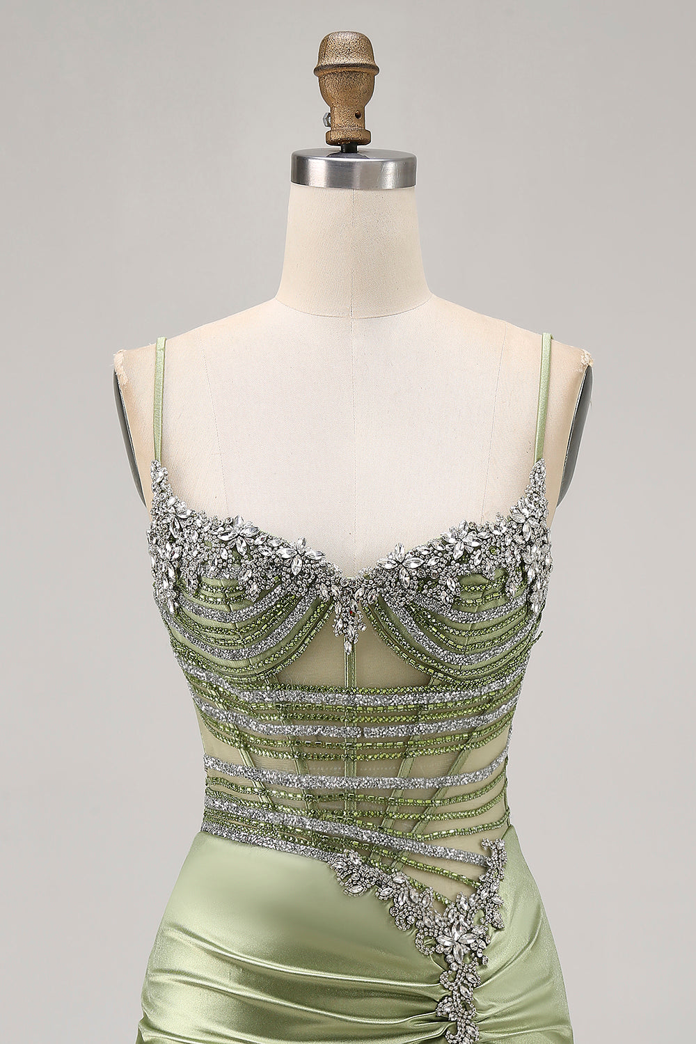 Sage Green Beaded Corset Tight Ruched Short Homecoming Dress with Rhinestones