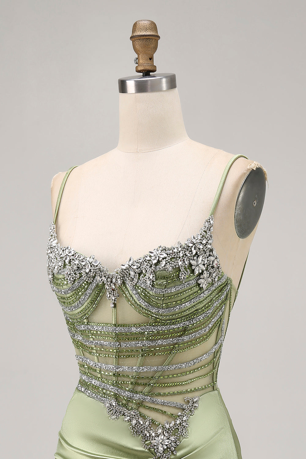 Sage Green Beaded Corset Tight Ruched Short Homecoming Dress with Rhinestones
