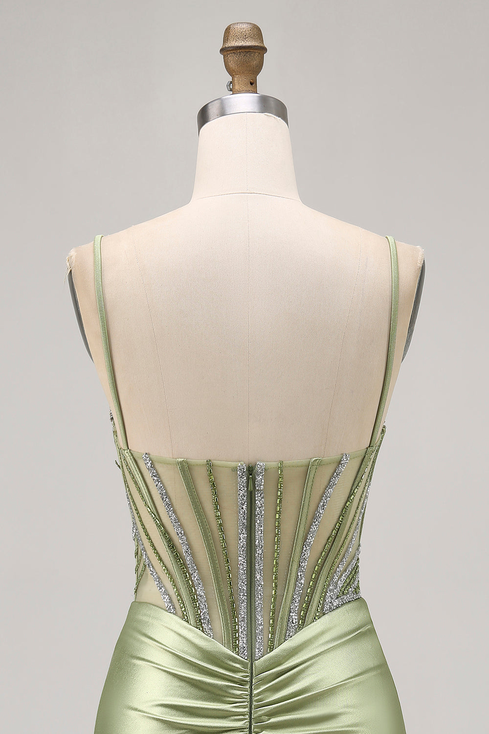 Sage Green Beaded Corset Tight Ruched Short Homecoming Dress with Rhinestones