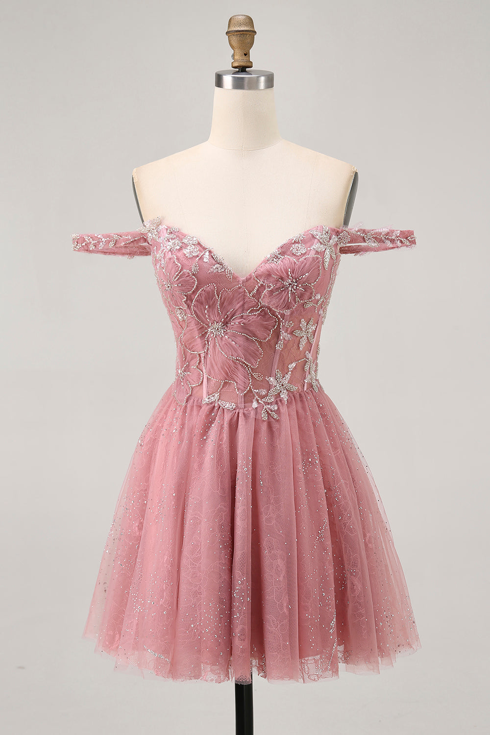 Off The Shoulder Dusty Rose Floral A Line Homecoming Dress