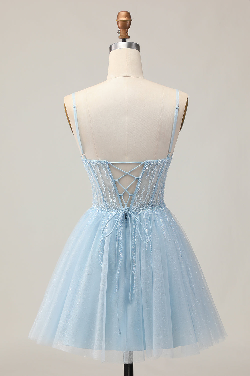 Light Blue A Line Beaded Short Sequins Homecoming Dress with Lace Up Back