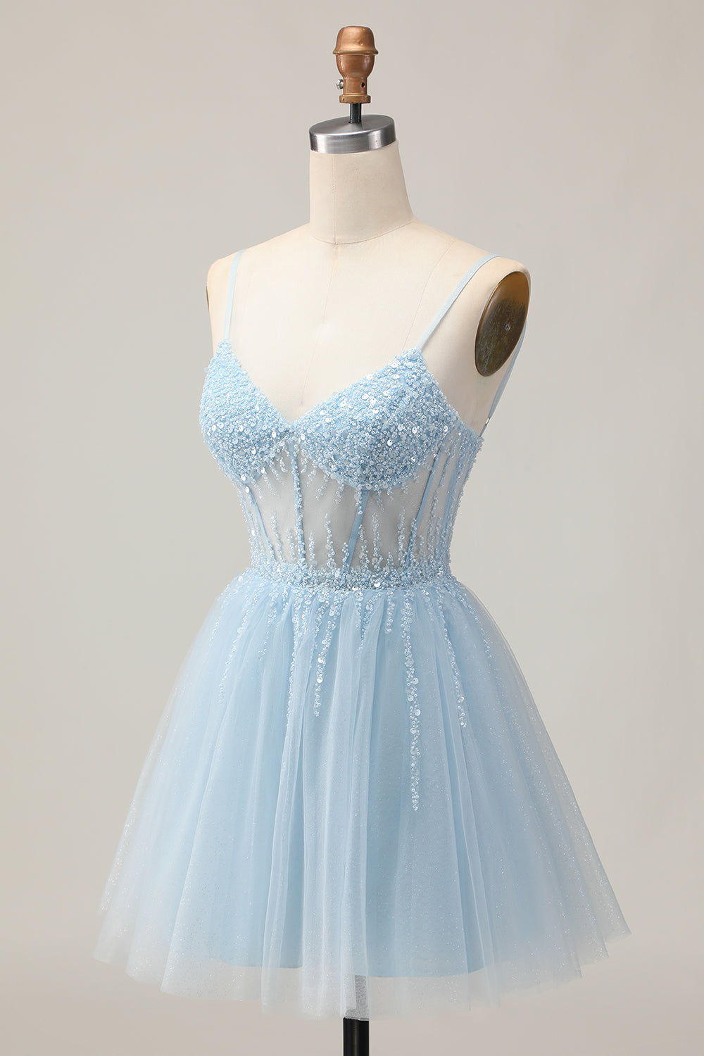 Light Blue A Line Beaded Short Sequins Homecoming Dress with Lace Up Back