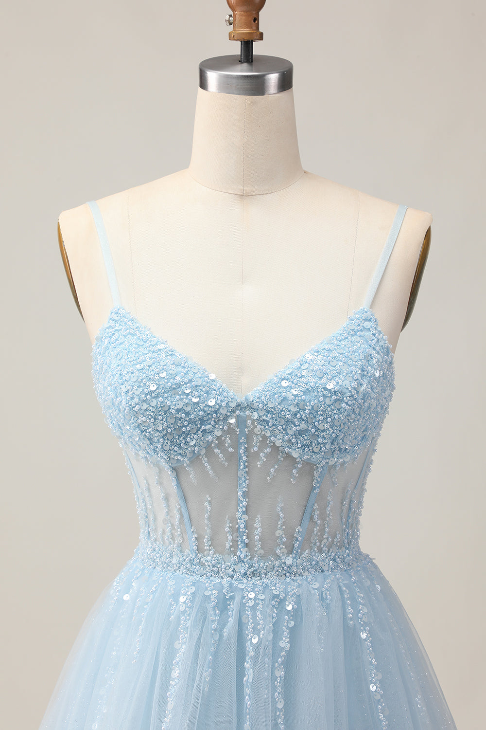 Light Blue A Line Beaded Short Sequins Homecoming Dress with Lace Up Back