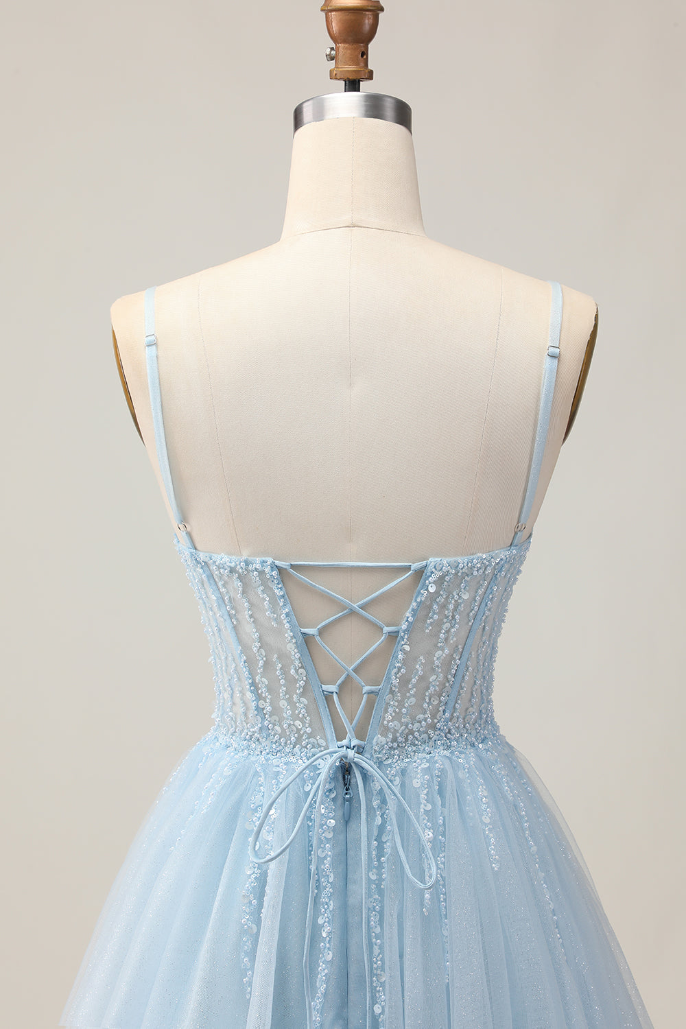 Light Blue A Line Beaded Short Sequins Homecoming Dress with Lace Up Back