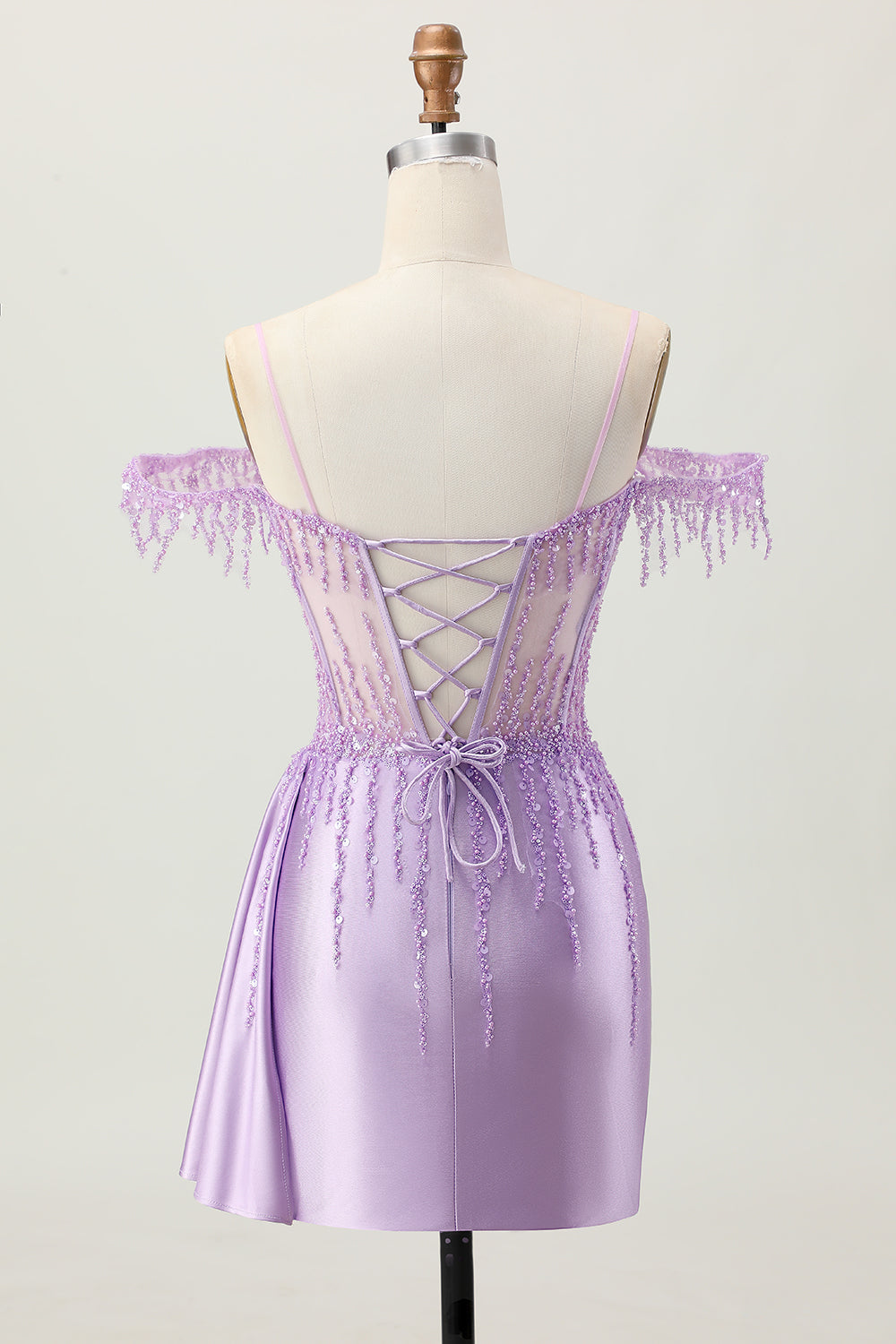 Lilac Sequins Cold Shoulder Beaded Corset Short Homecoming Dress