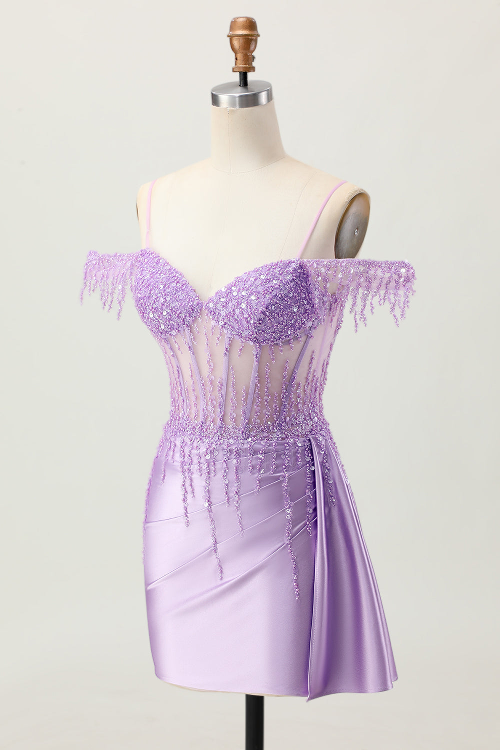 Lilac Sequins Cold Shoulder Beaded Corset Short Homecoming Dress