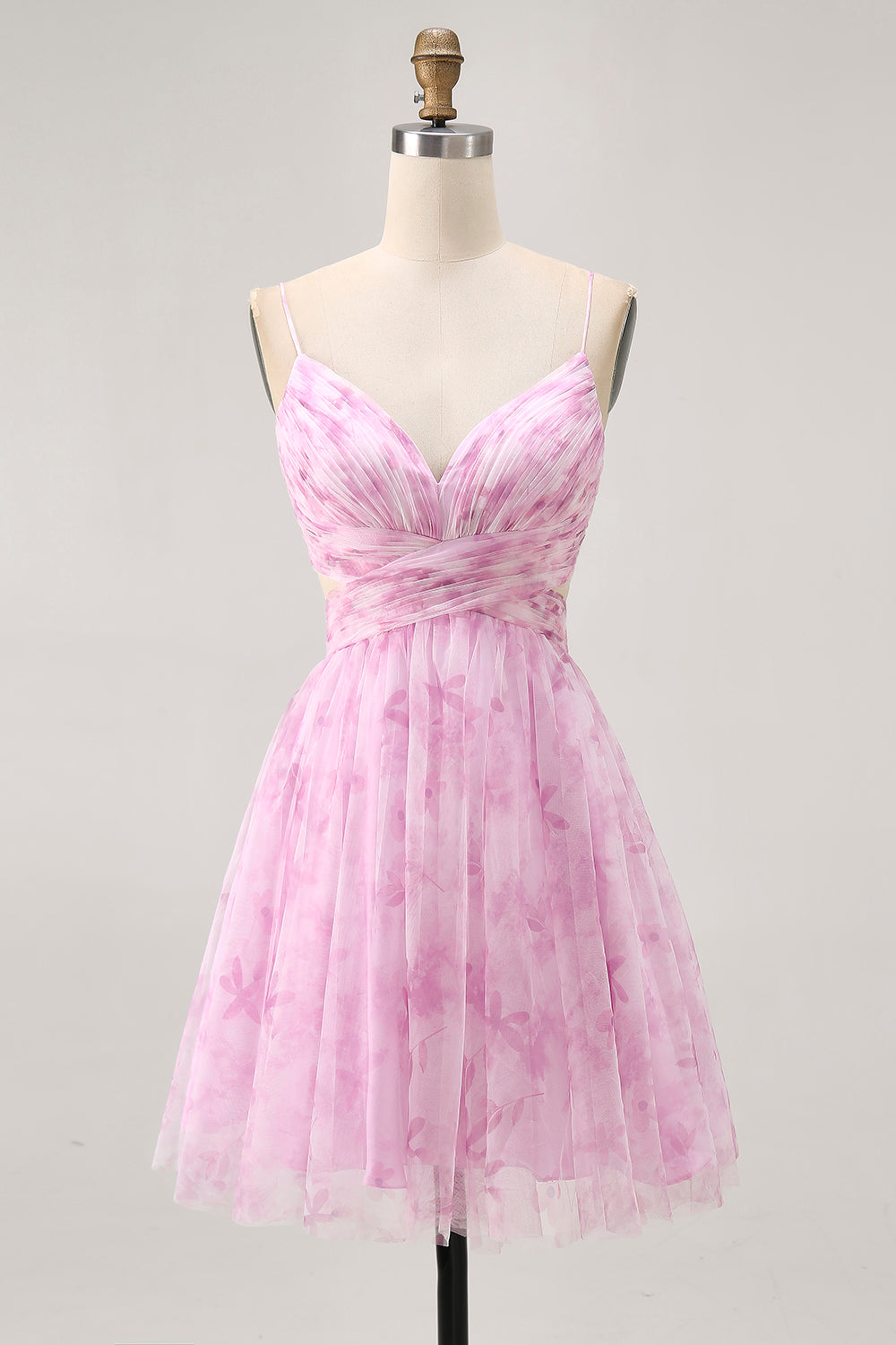 Pink Floral A Line Spaghetti Straps Ruched Short Homecoming Dress