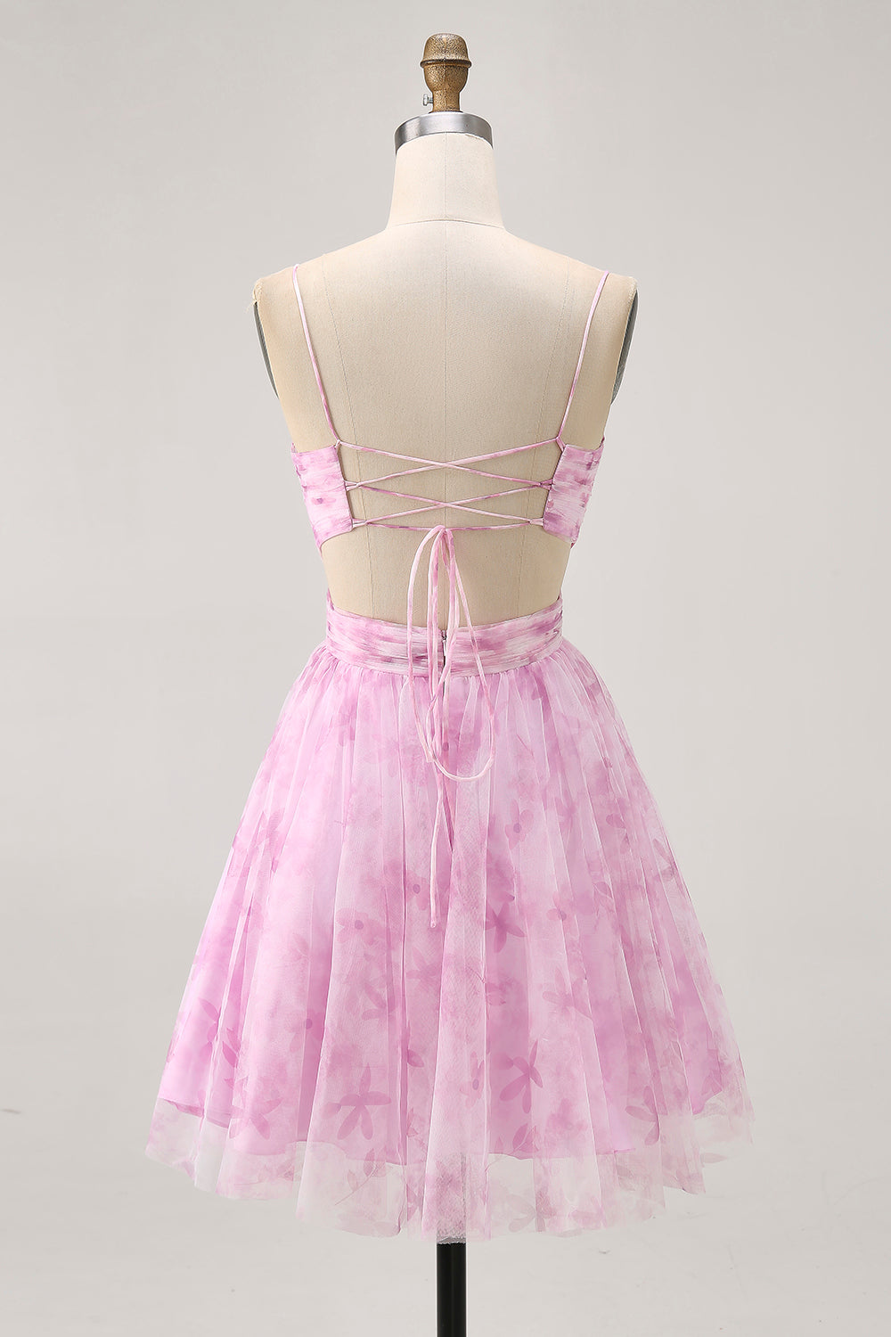 Pink Floral A Line Spaghetti Straps Ruched Short Homecoming Dress