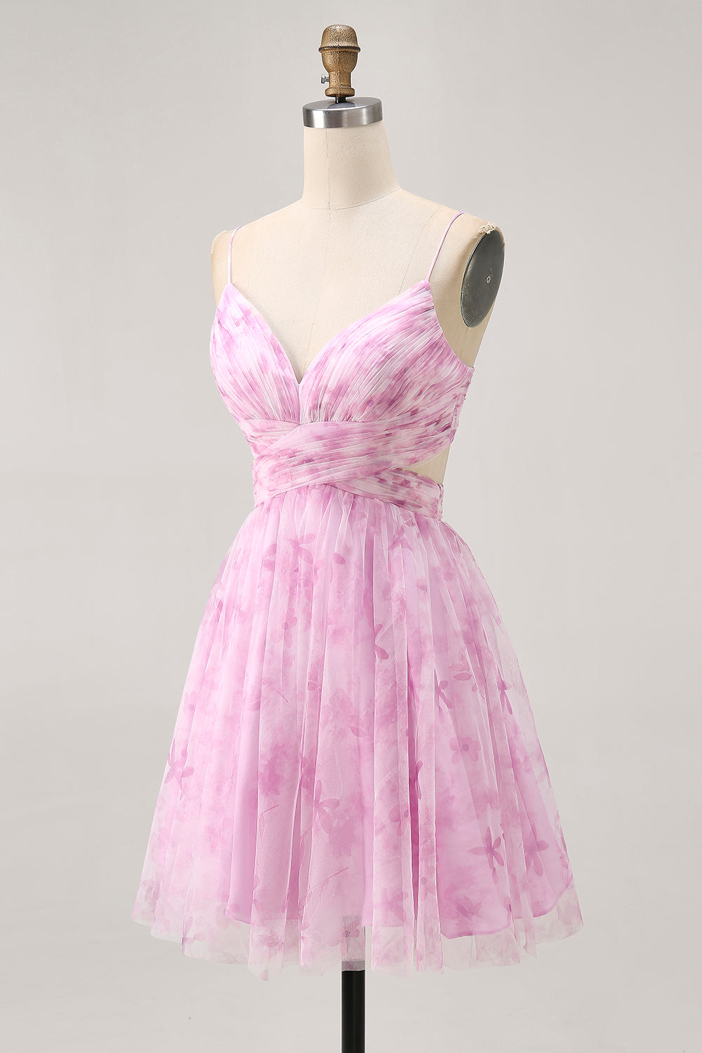 Pink Floral A Line Spaghetti Straps Ruched Short Homecoming Dress