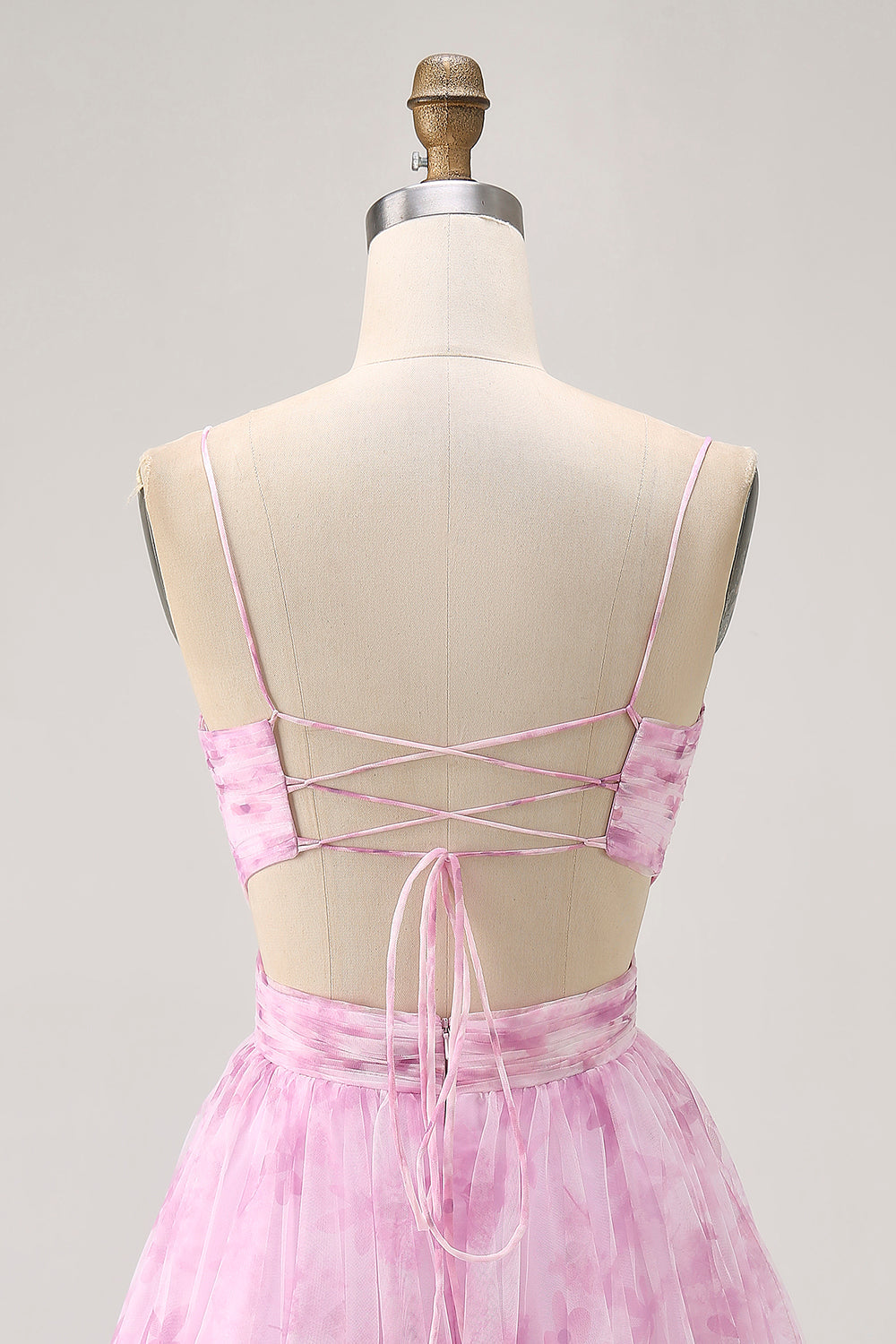 Pink Floral A Line Spaghetti Straps Ruched Short Homecoming Dress