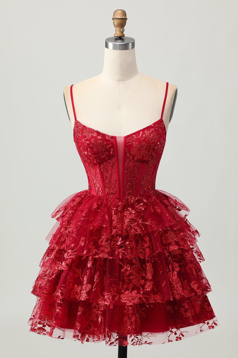 Tiered Corset Dark Red Spaghetti Straps A Line Homecoming Dress