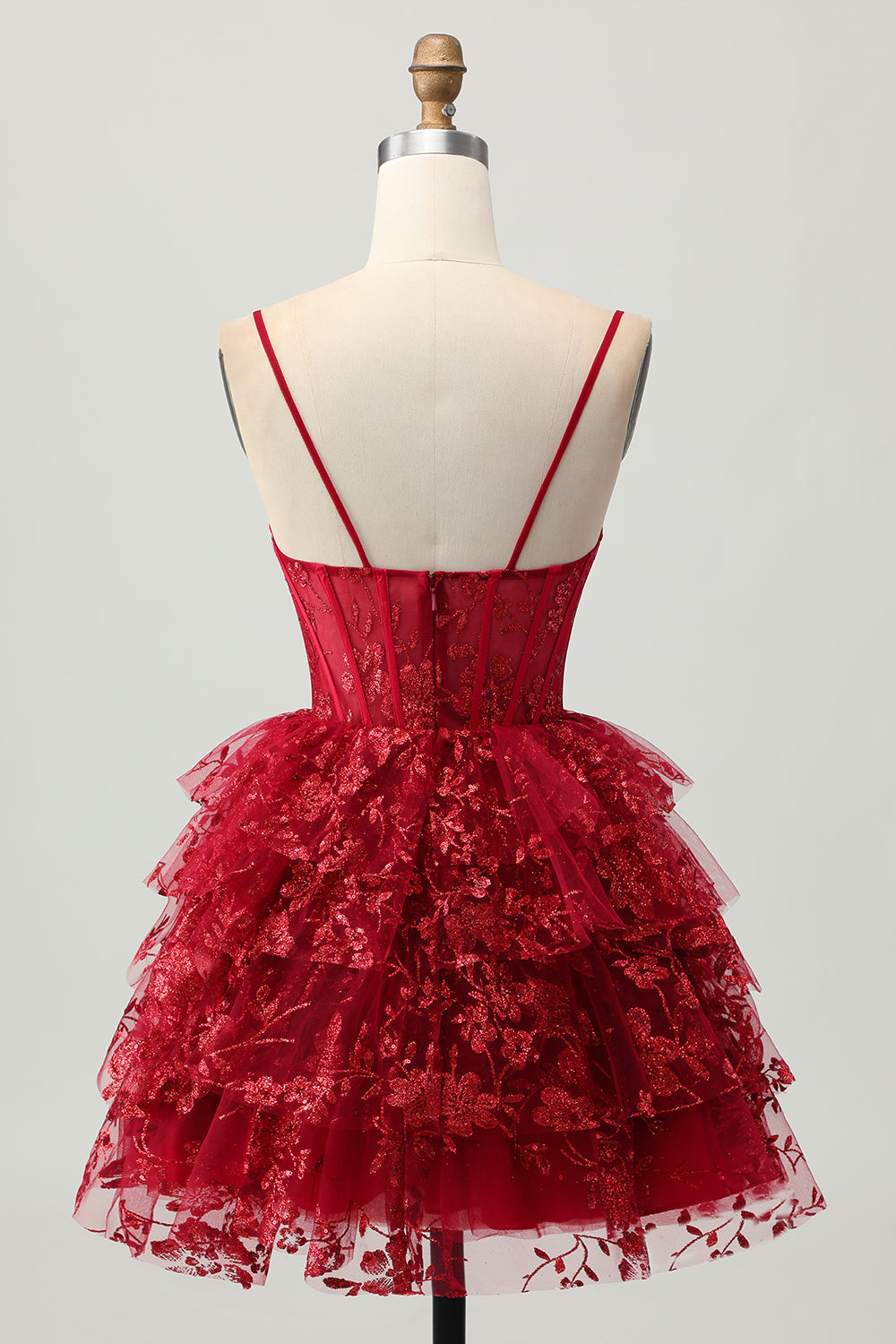 Tiered Corset Dark Red Spaghetti Straps A Line Homecoming Dress