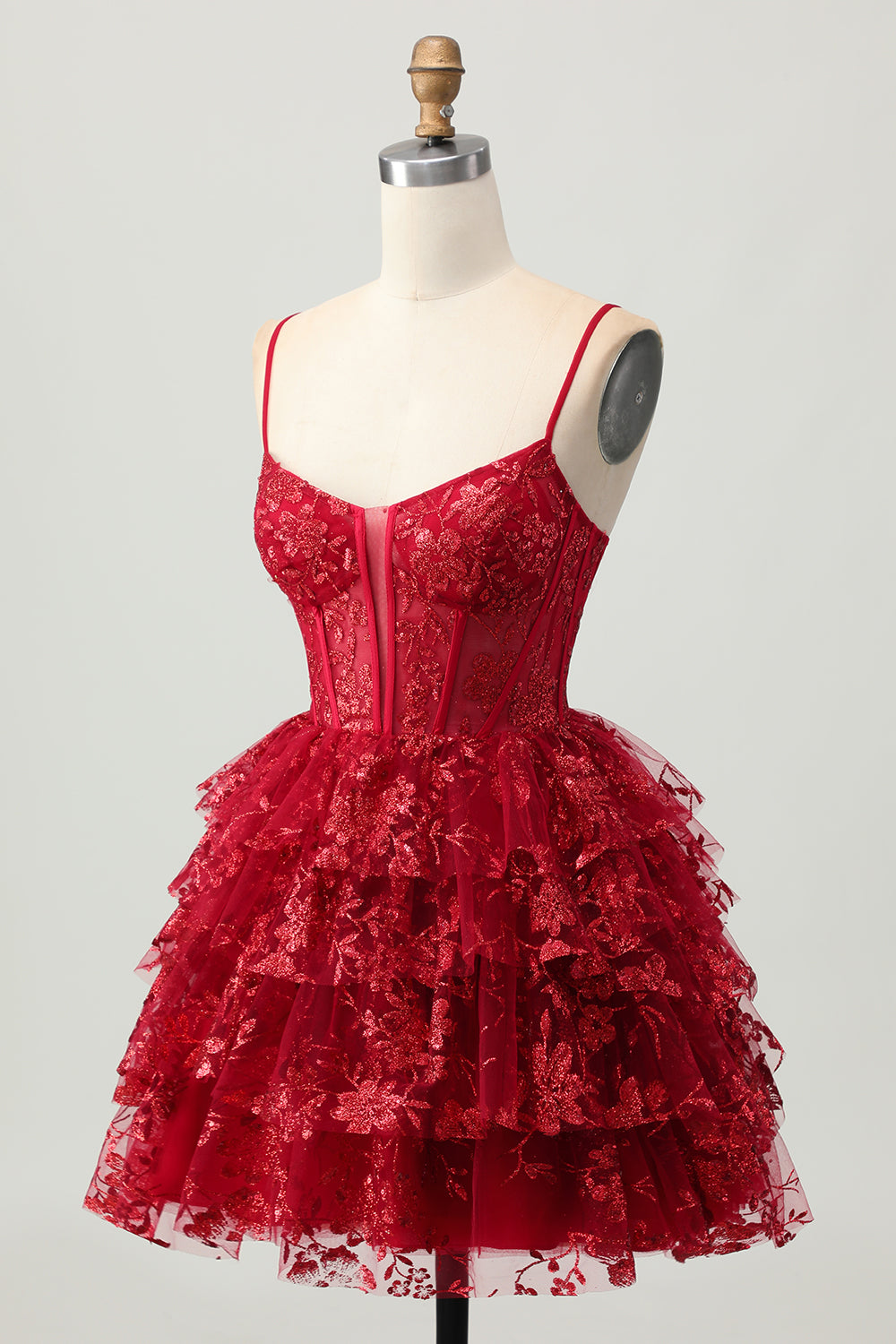 Tiered Corset Dark Red Spaghetti Straps A Line Homecoming Dress