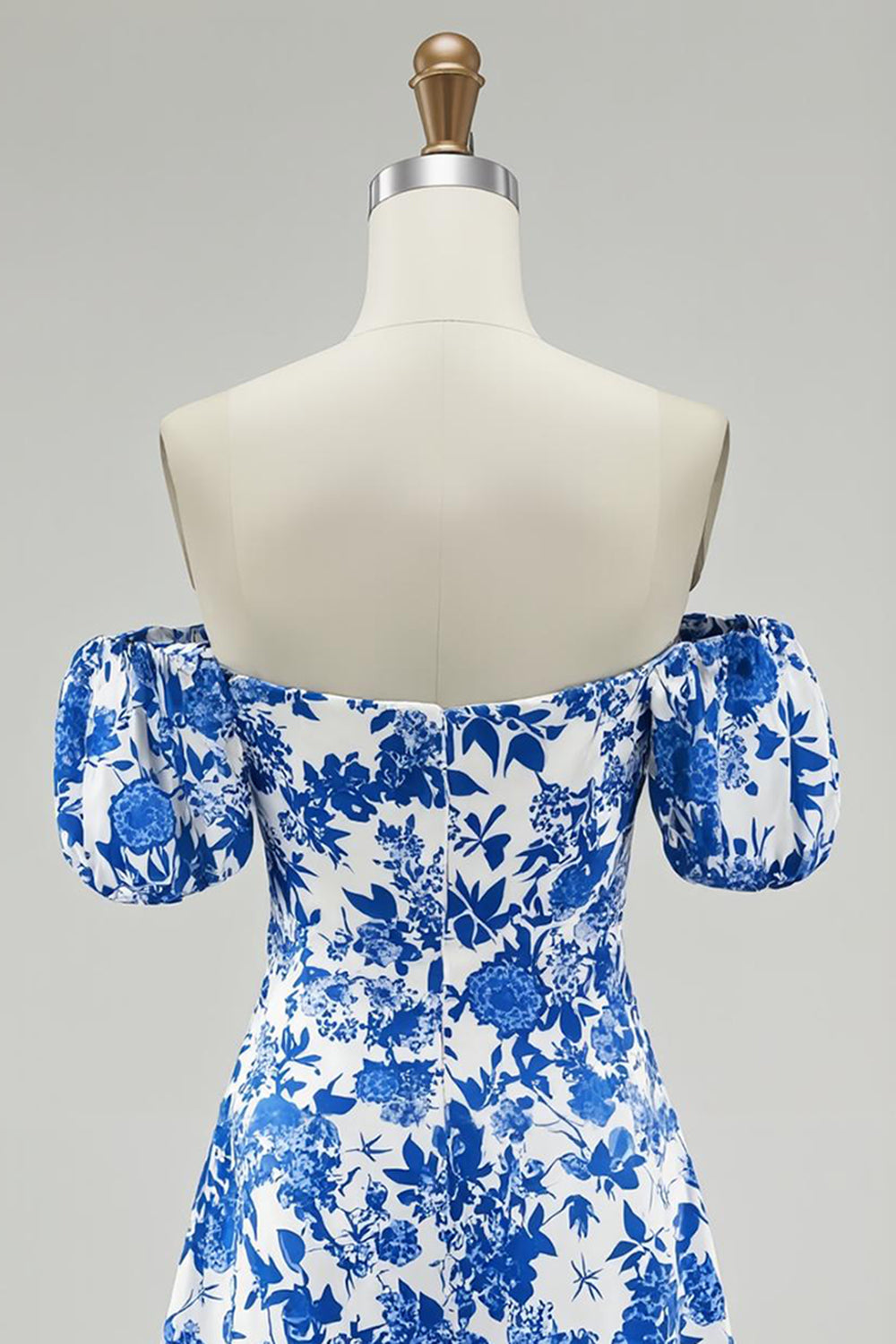 Off The Shoulder Floral A Line Blue Printed Homecoming Dress