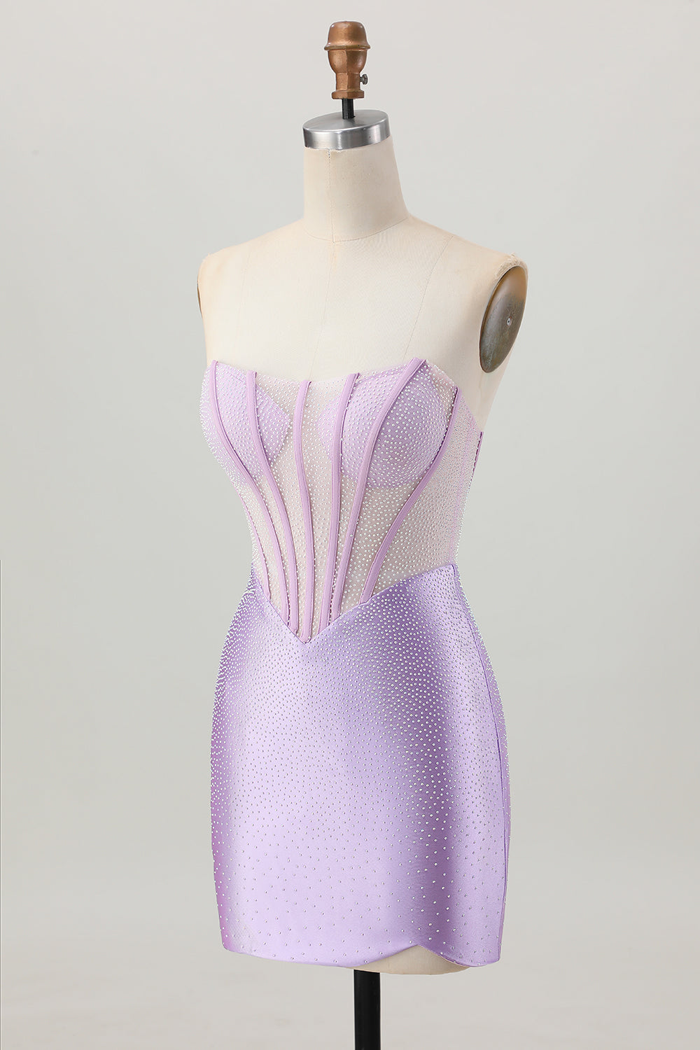 Lilac Beaded Strapless Corset Short Satin Homecoming Dress