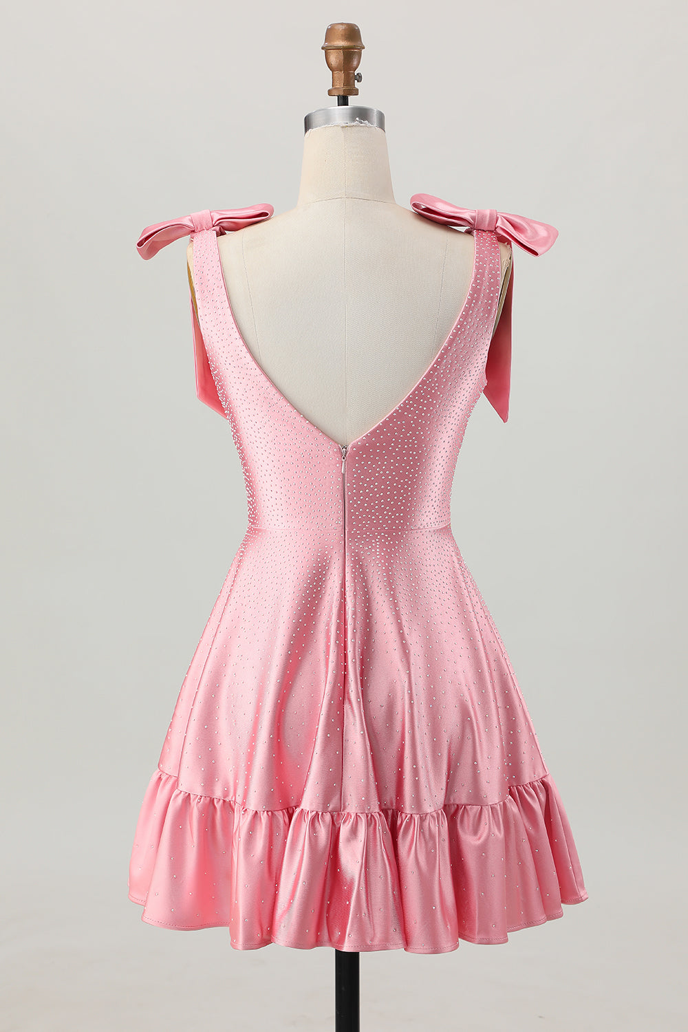 Blush Pink A Line V-Neck Satin Homecoming Dress with Bows