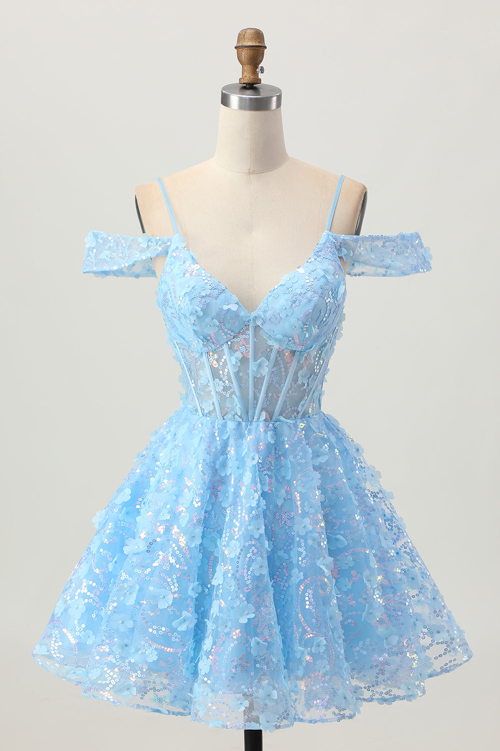 Cold Shoulder Blue A Line Short Sequins Homecoming Dress