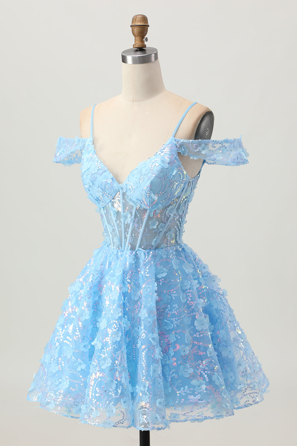 Cold Shoulder Blue A Line Short Sequins Homecoming Dress