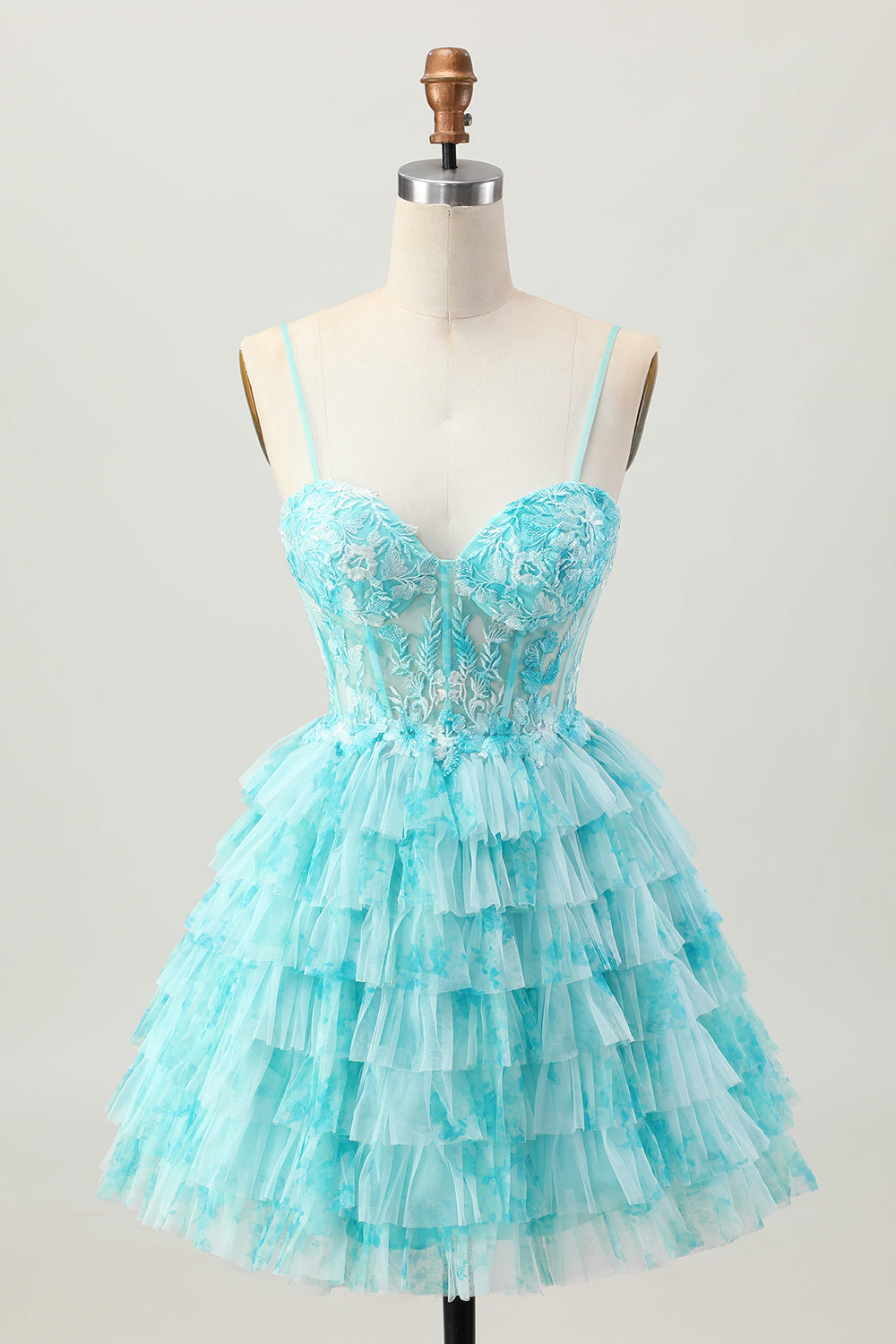 Tiered Blue Green Printed A Line Short Homecoming Dress