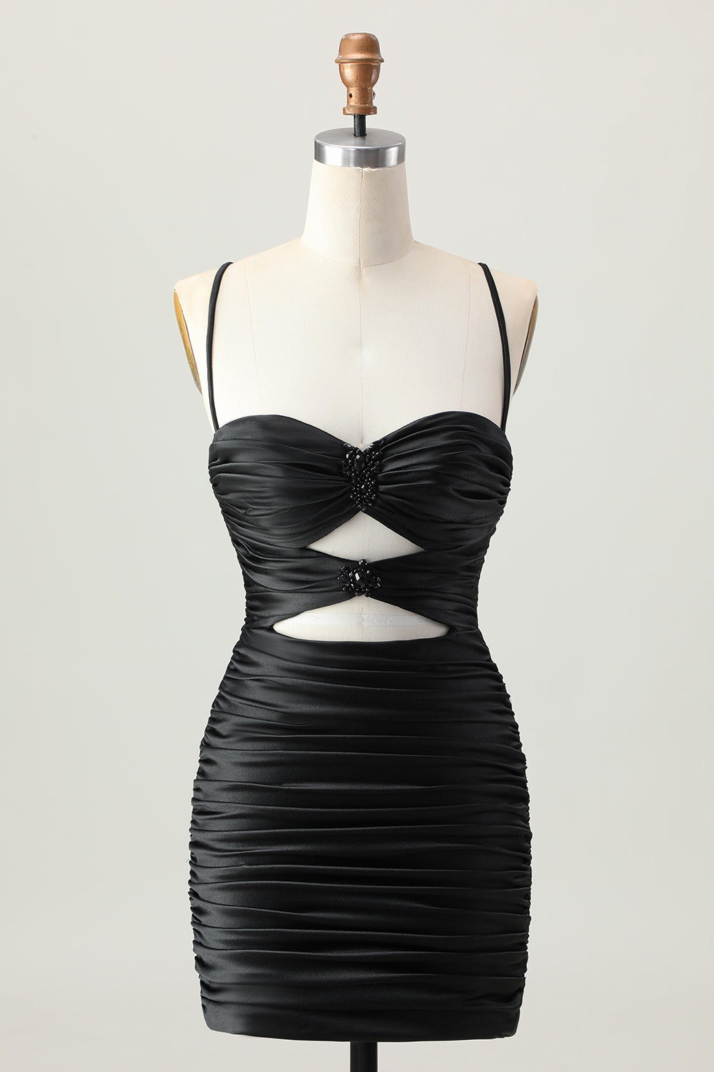 Black Spaghetti Straps Ruched Tight Short Cut Out Homecoming Dress