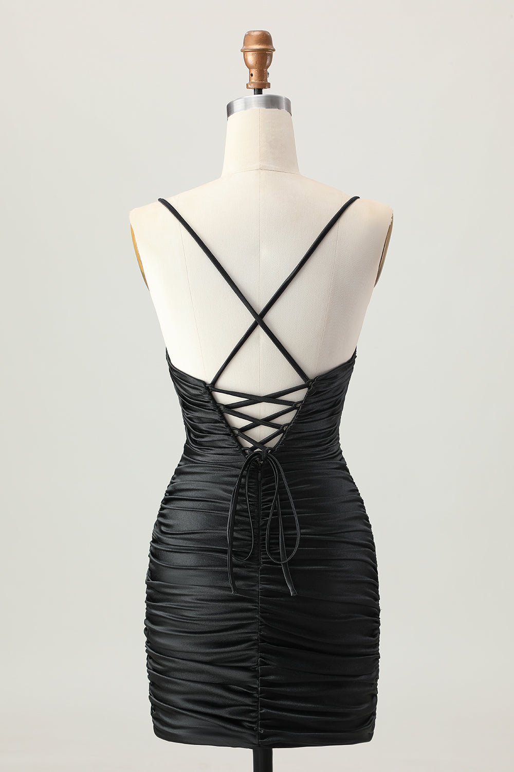Black Spaghetti Straps Ruched Tight Short Cut Out Homecoming Dress