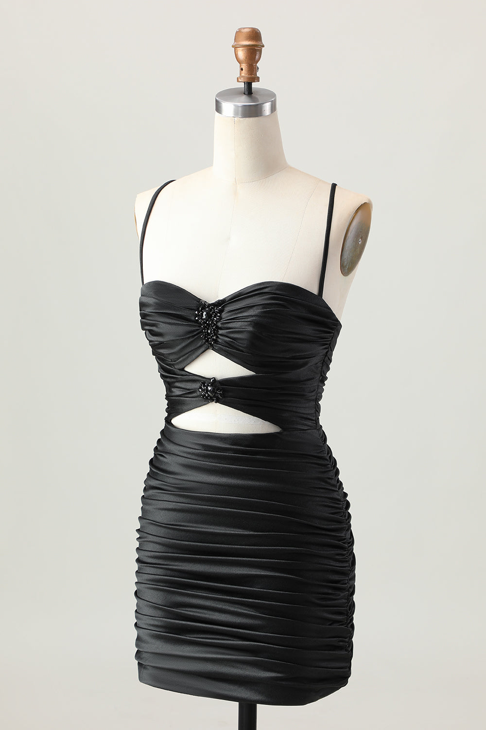 Black Spaghetti Straps Ruched Tight Short Cut Out Homecoming Dress