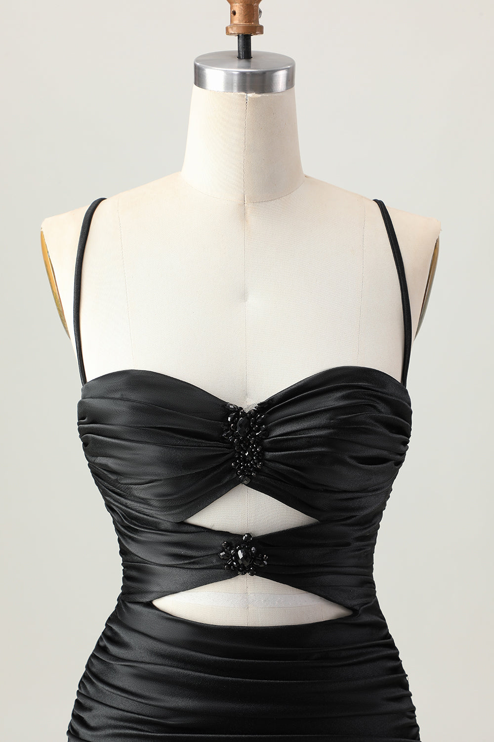 Black Spaghetti Straps Ruched Tight Short Cut Out Homecoming Dress