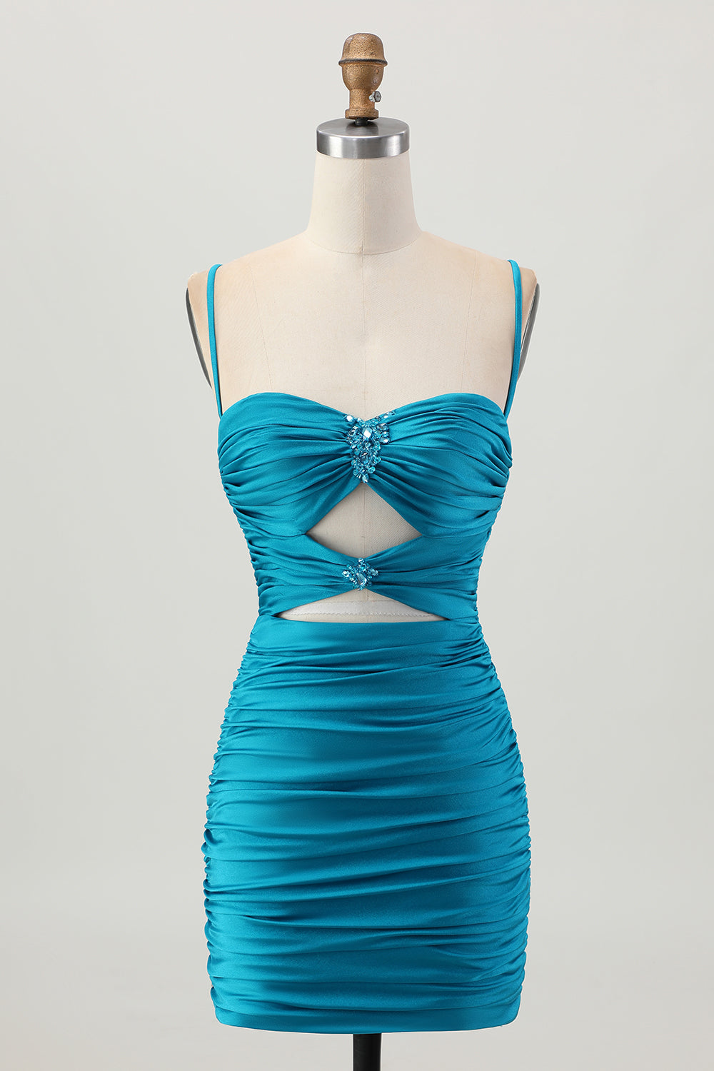 Black Spaghetti Straps Ruched Tight Short Cut Out Homecoming Dress