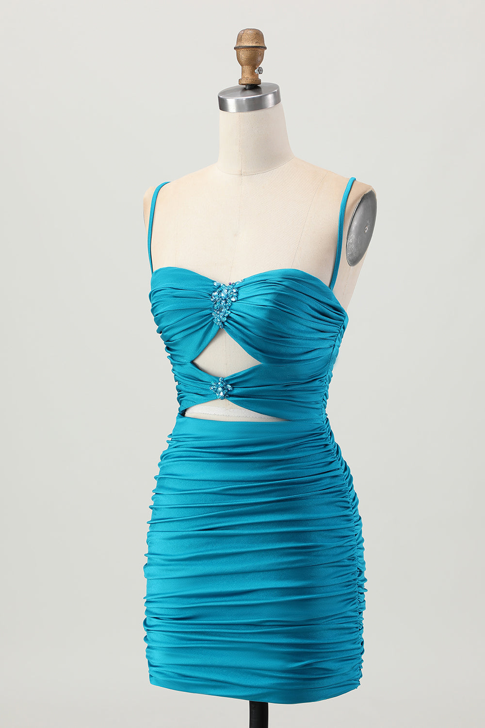 Black Spaghetti Straps Ruched Tight Short Cut Out Homecoming Dress