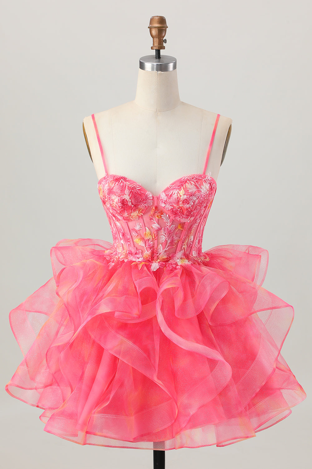 Red Printed Appliqued Corset A Line Homecoming Dress with Ruffles