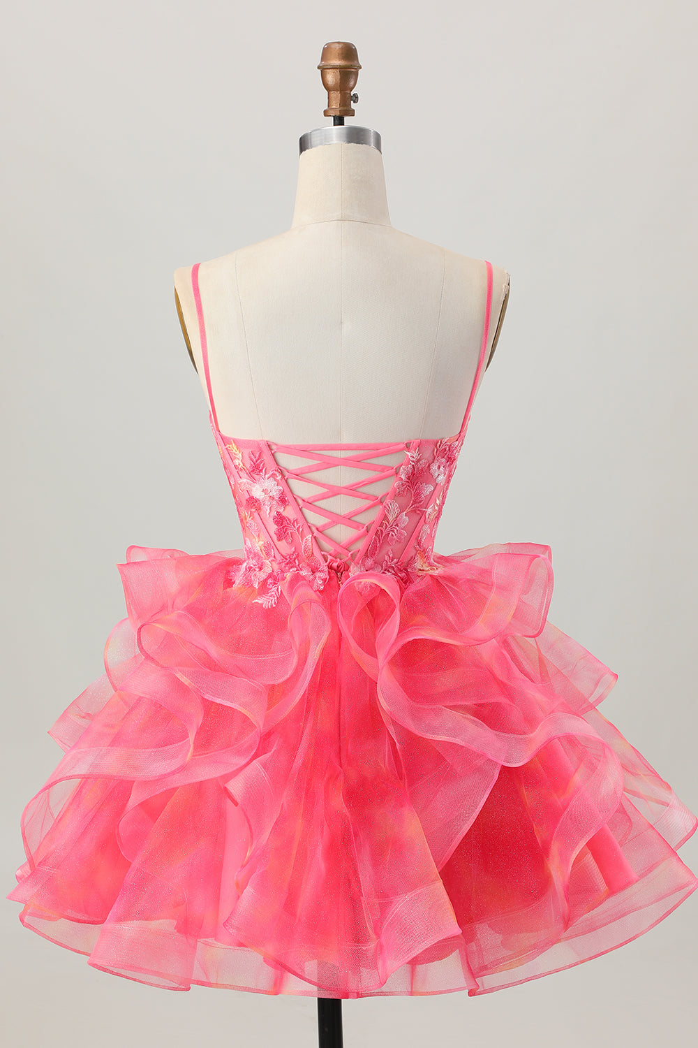 Red Printed Appliqued Corset A Line Homecoming Dress with Ruffles