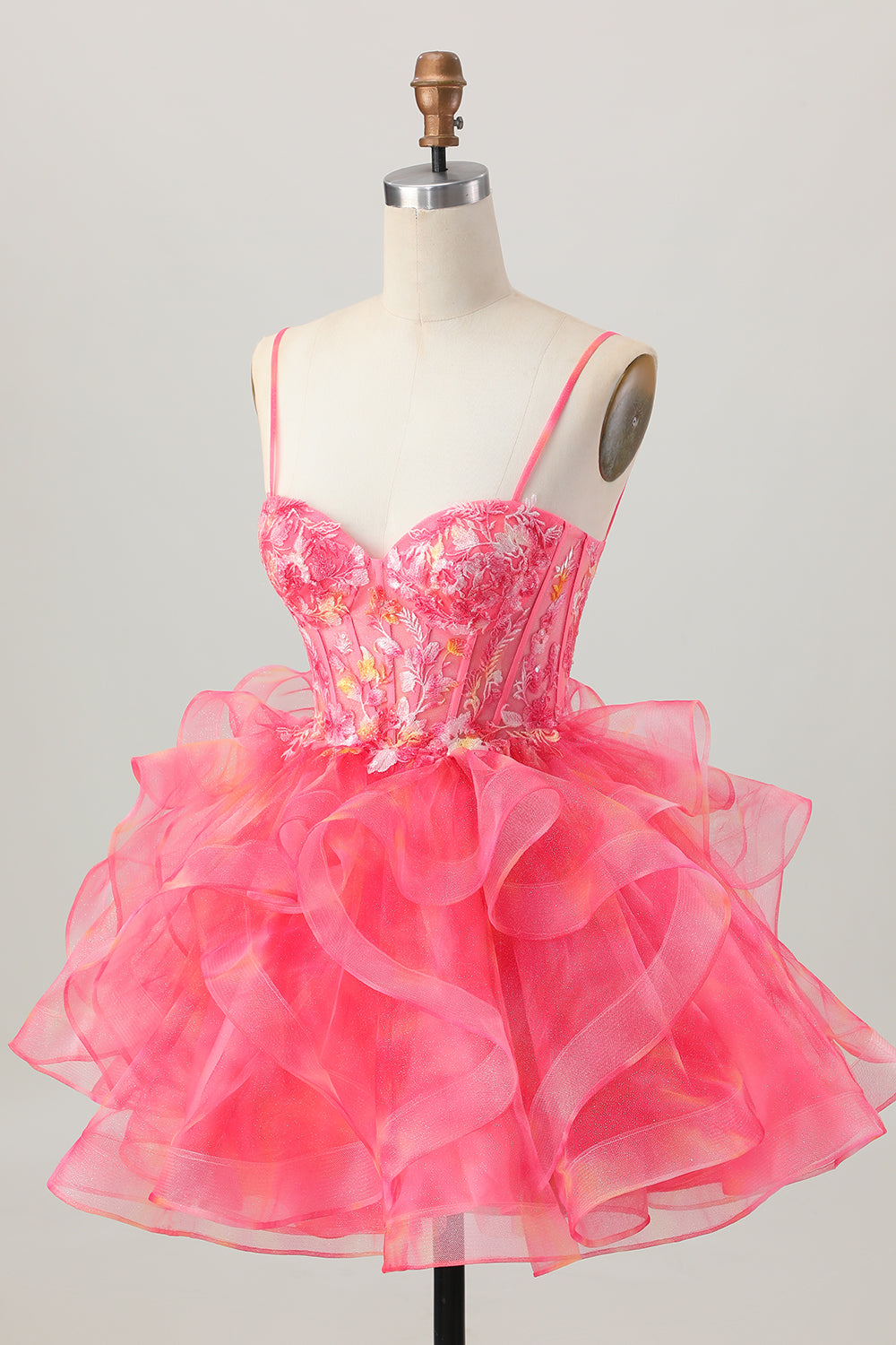 Red Printed Appliqued Corset A Line Homecoming Dress with Ruffles
