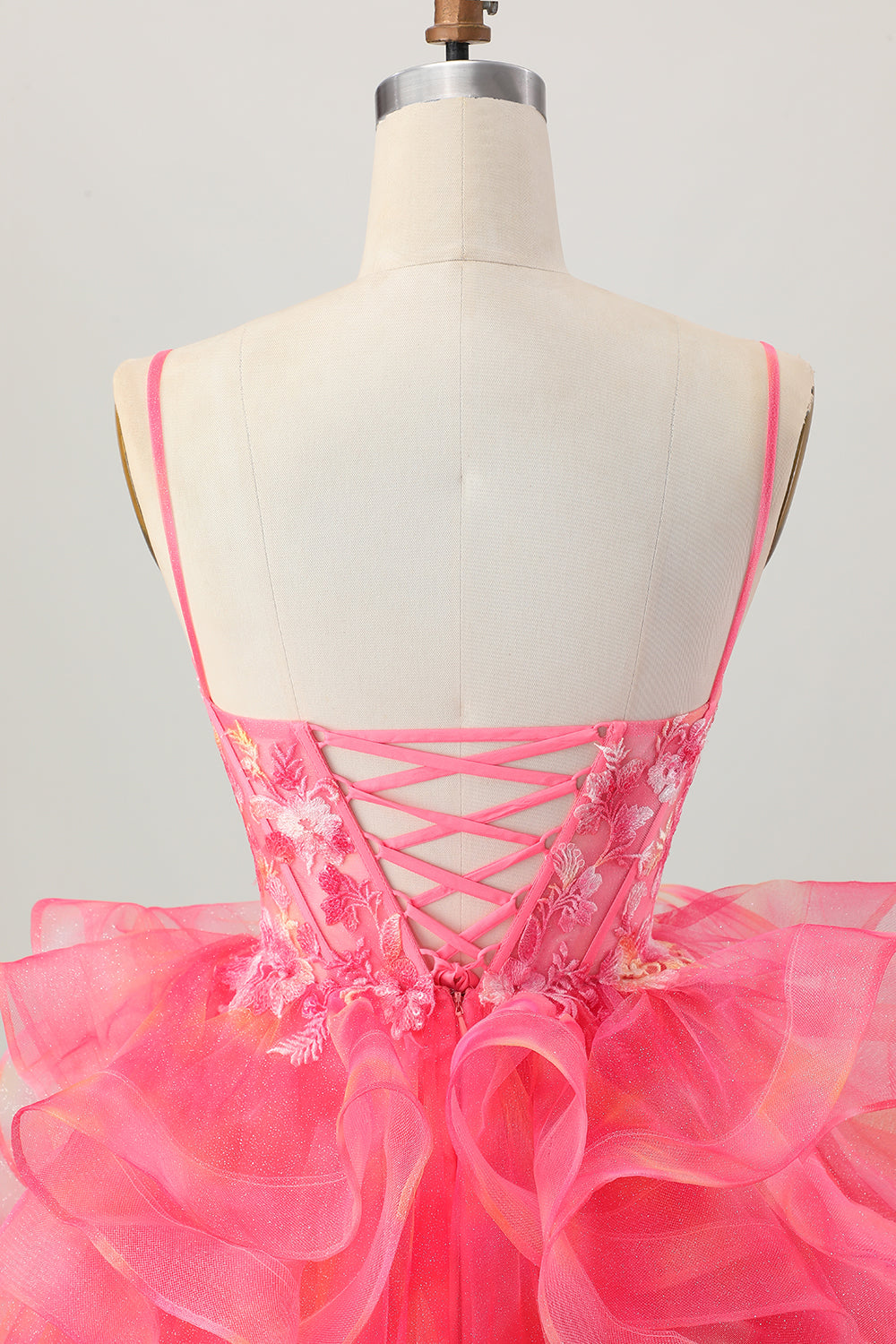 Red Printed Appliqued Corset A Line Homecoming Dress with Ruffles