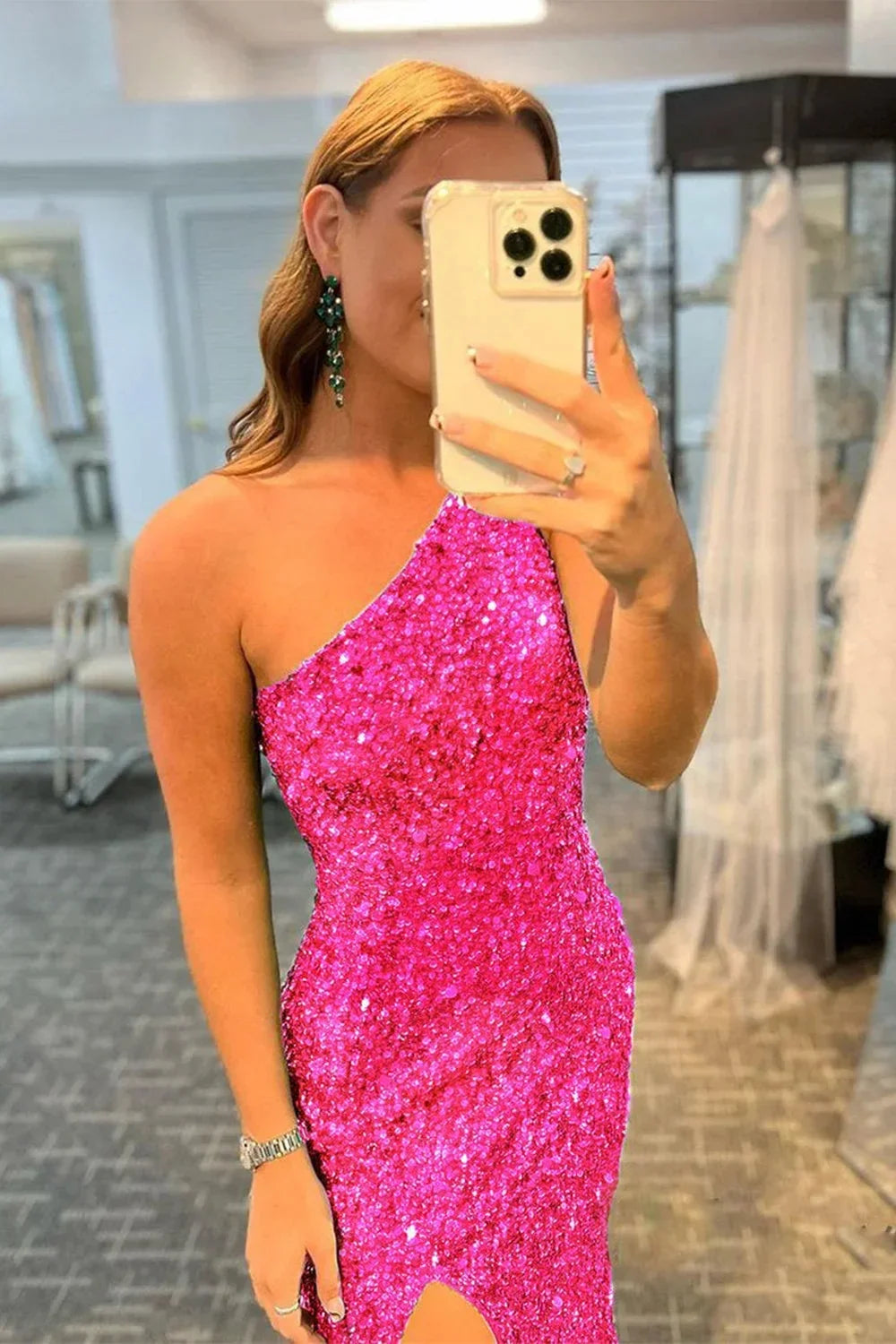 Hot Pink Mermaid Glitter One-Shoulder Backless Prom Dress With Sequins - Fashionpara
