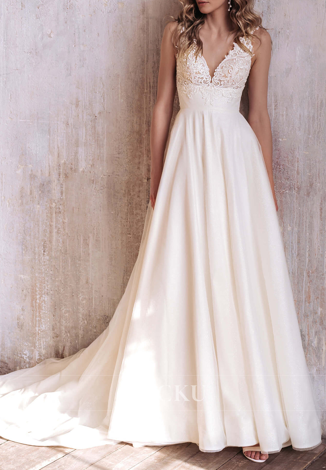 Deep V - Neck Lace - Embellished Wedding Dress with Button - Back Train & Shimmer Fabric