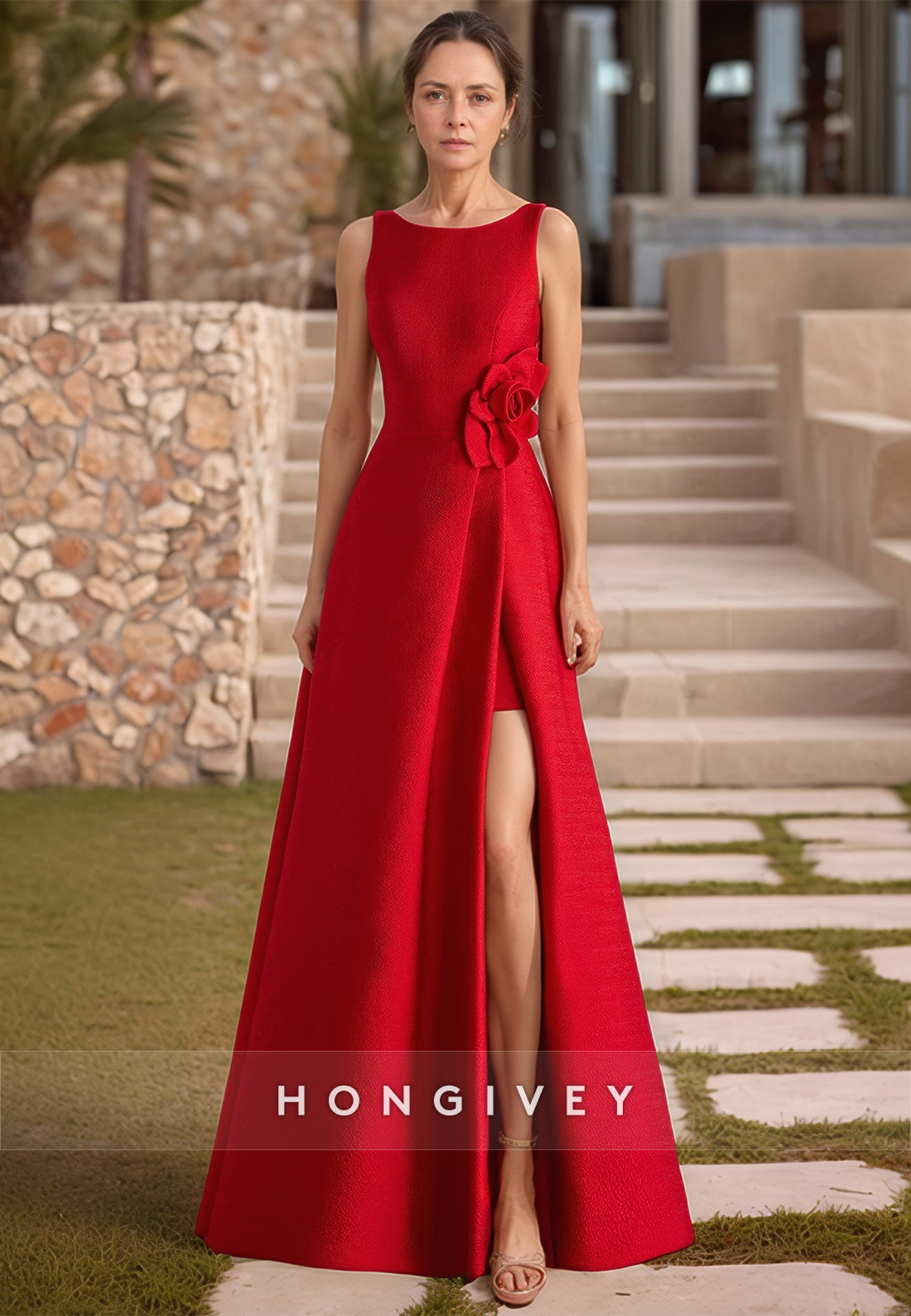 A LineBateau Flower Side Slit Red Mother of the Bride Dress with Pockets