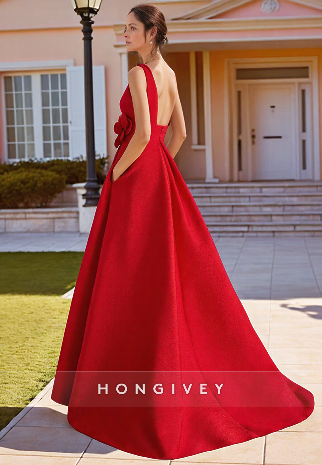 A LineBateau Flower Side Slit Red Mother of the Bride Dress with Pockets