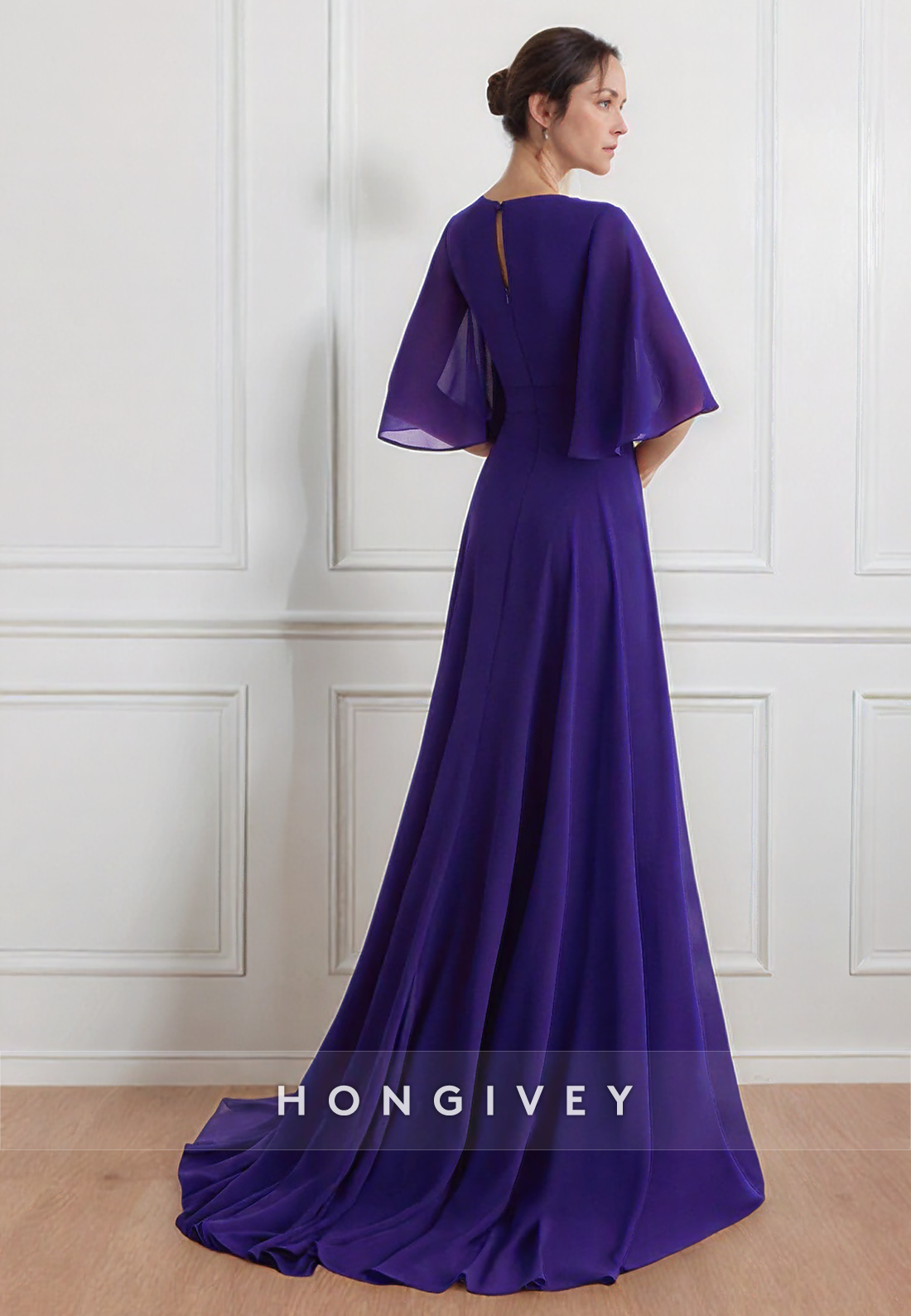 A-line Half Sleeve Tulle Pleated Flowers V Neck Court Train Mother of Bride Dress